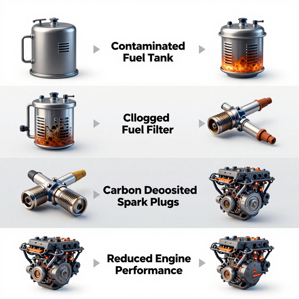 Progression of fuel contamination: tank, filter, spark plugs, resulting in reduced engine performance.