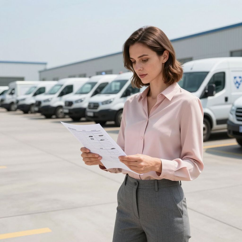 Woman in pink shirt and gray pants reviewing a document, standing in a lot with white vans.