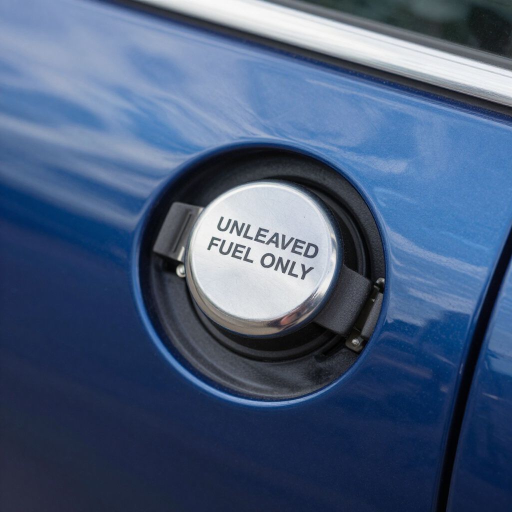 Blue car's gas tank lid reads 