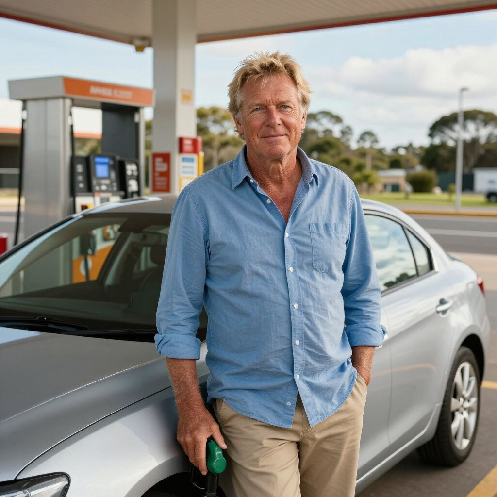 Man in a blue shirt and khaki pants leaning against a silver car at a gas station.