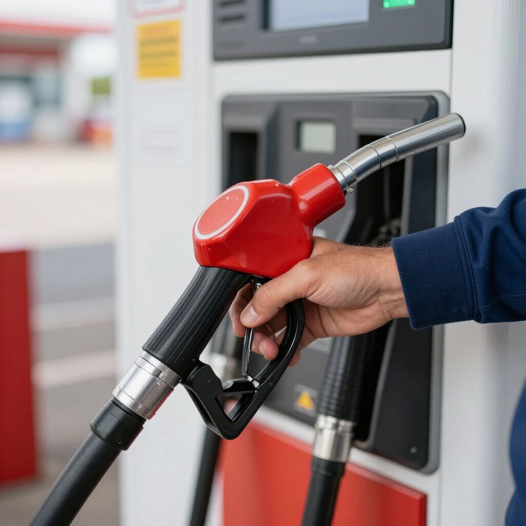 Person's hand gripping red fuel pump nozzle at gas station.