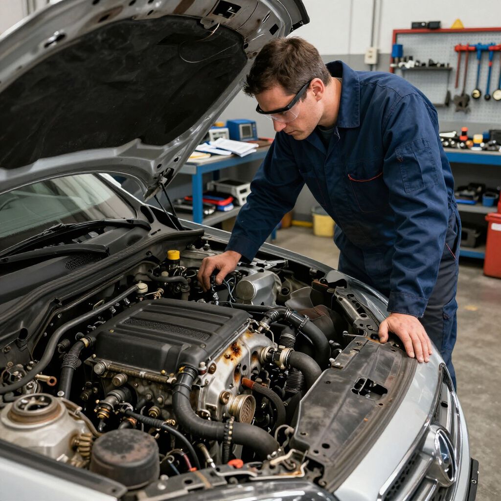Mechanic in blue jumpsuit examining car engine in a garage; wearing safety glasses.