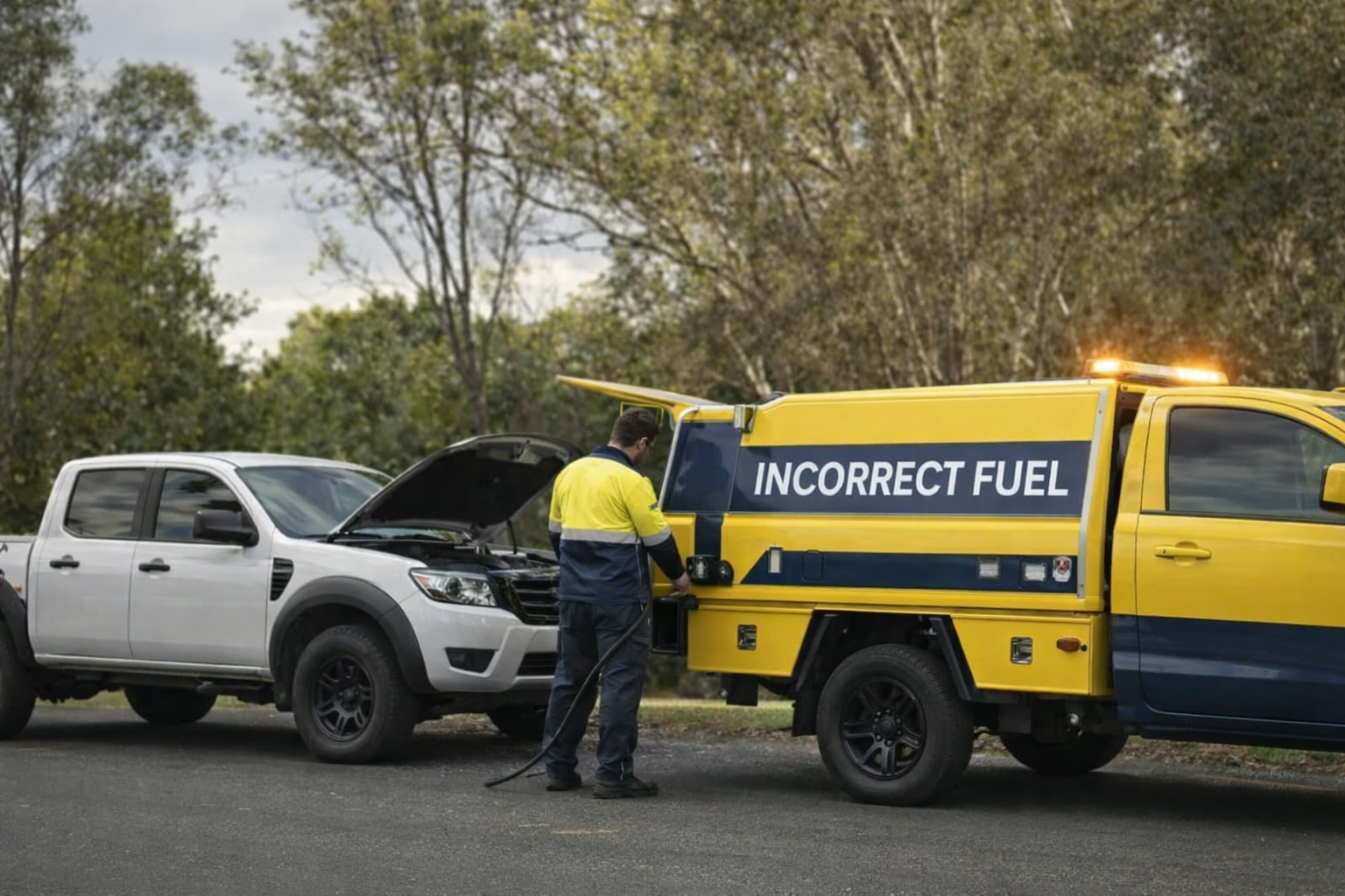 A service technician drains incorrect fuel from a white pickup truck using a yellow roadside assistance utility vehicle.
