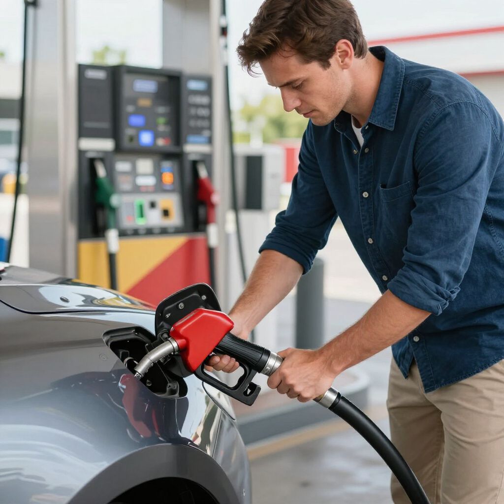 Man fueling a silver car at a gas station, holding a red and black nozzle.