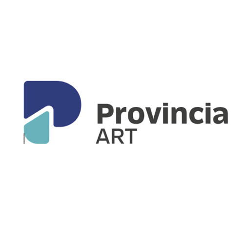 Logotipo para Provincia Art: forma de “P” estilizada en azul y verde azulado junto a las palabras “Provincia ART” 