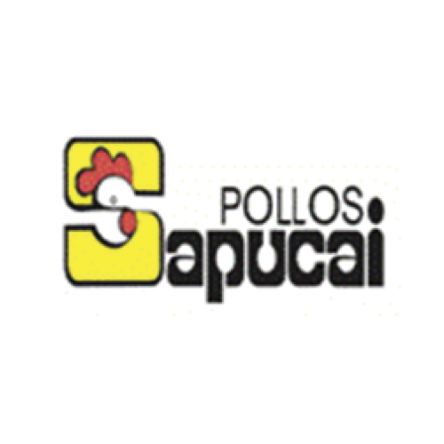 Logotipo para Pollo Sapucai: texto amarillo y negro, cabeza de pollo estilizada en un cuadro amarillo.