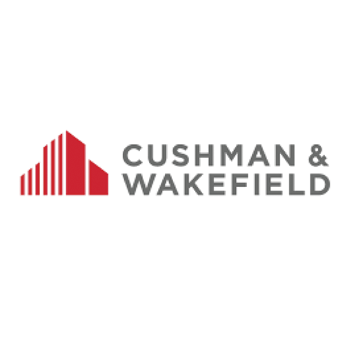 Logotipo de Cushman & Wakefield: ícono de edificio estilizado de color rojo, texto gris sobre fondo blanco.