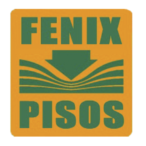 Logotipo de FENIX PISOS, texto y símbolo en color verde sobre fondo amarillo.