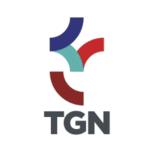Logotipo: TGN con diseño abstracto de formas curvas superpuestas en azul, verde azulado y rojo.