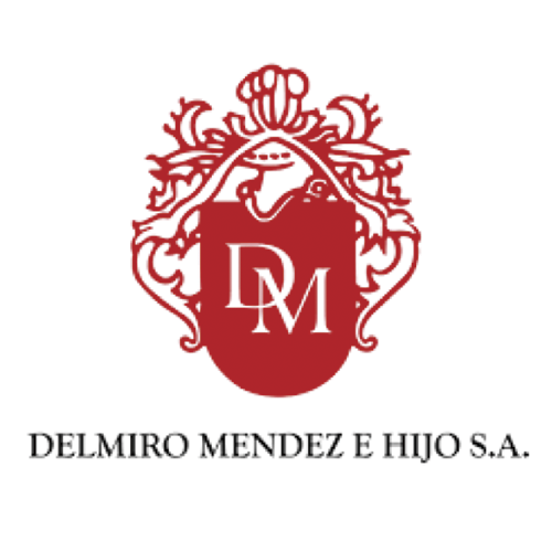 Logotipo de Delmiro Mendez e Hijo SA con escudo rojo que contiene las letras 