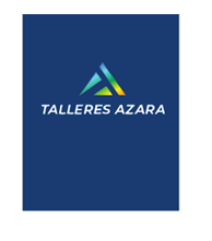 Logotipo para Talleres Azara, que presenta un triángulo abstracto sobre un texto sobre un fondo azul.