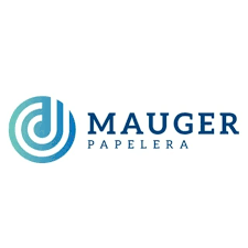 Logotipo de Mauger Papelera: Diseño circular azul con 