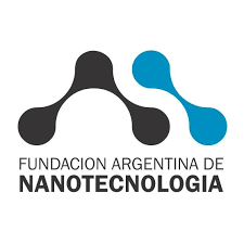 Logotipo de la Fundación Argentina de Nanotecnología: formas moleculares negras y azules, texto debajo.
