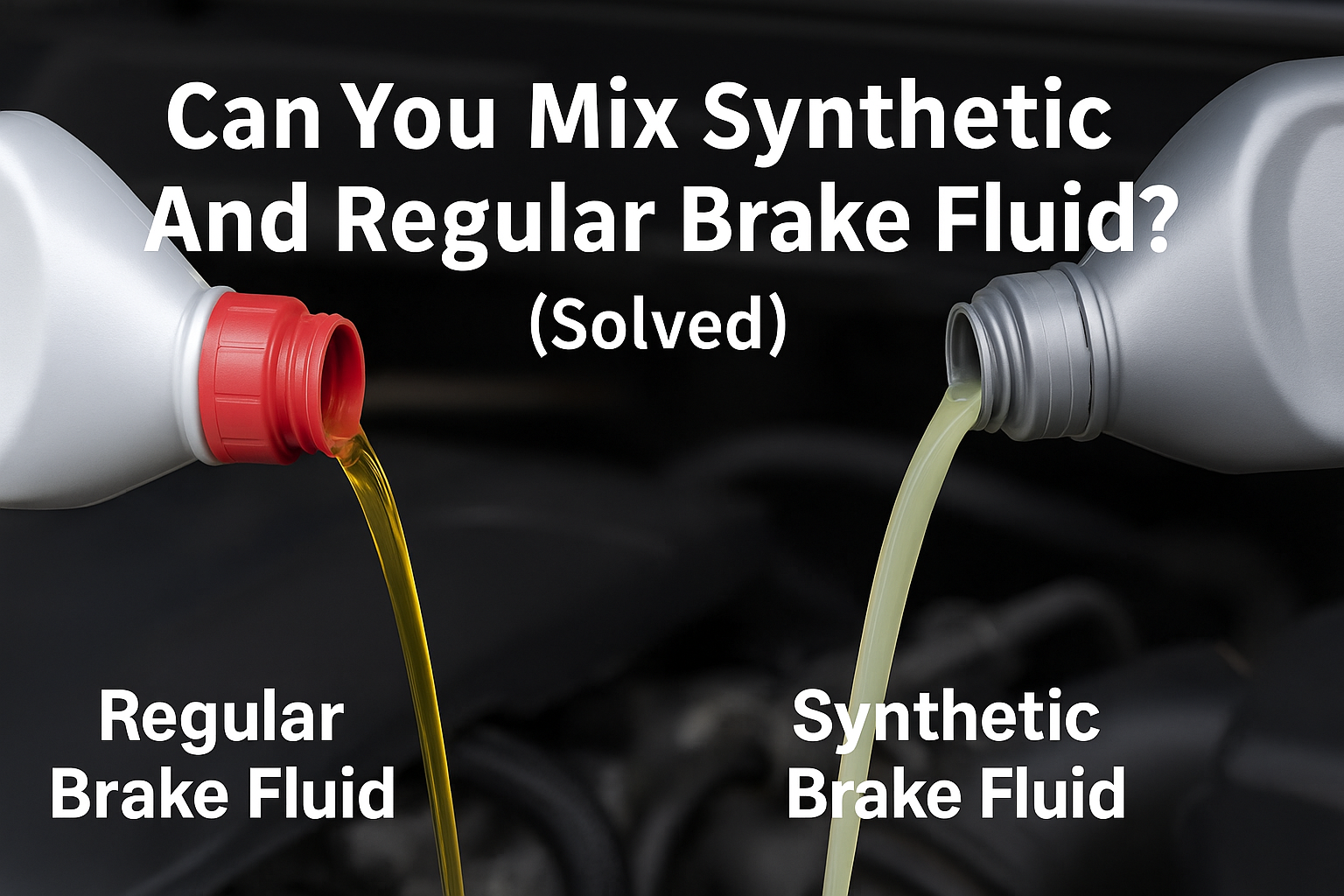 Two bottles of brake fluid pouring into a blurred engine bay background, one labeled