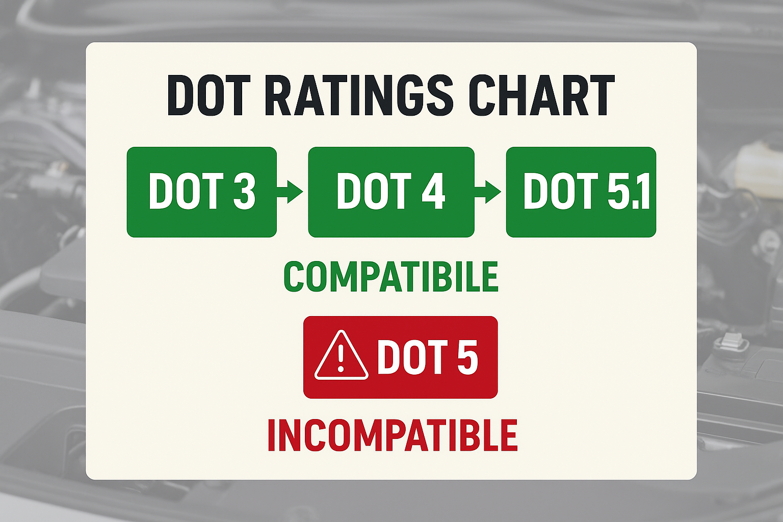 Infographic titled DOT Ratings Chart showing brake fluid compatibility. DOT 3, DOT 4, and DOT 5.1 are in green boxes with arrows between them, labeled as Compatible. Below, DOT 5 is in a red box with a warning icon, labeled as Incompatible. The background is a blurred image of a car engine bay.