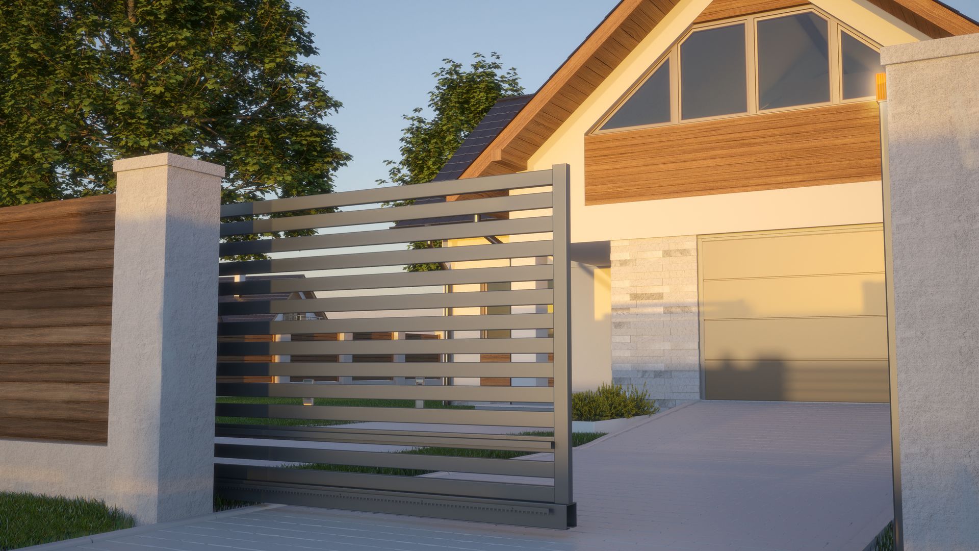 Gray horizontal slat gate in front of a modern house, concrete driveway, and wooden fence.