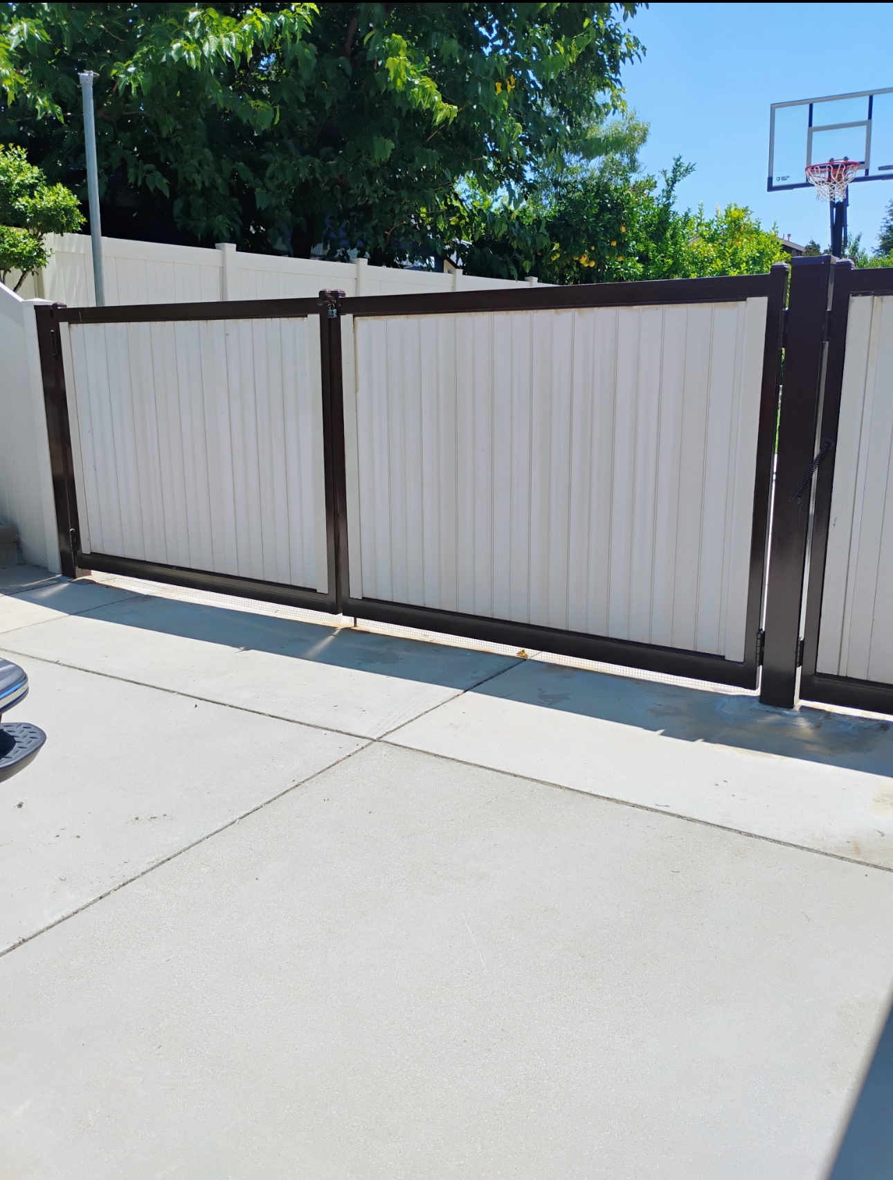 White and brown fence with basketball hoop in a yard on a sunny day.
