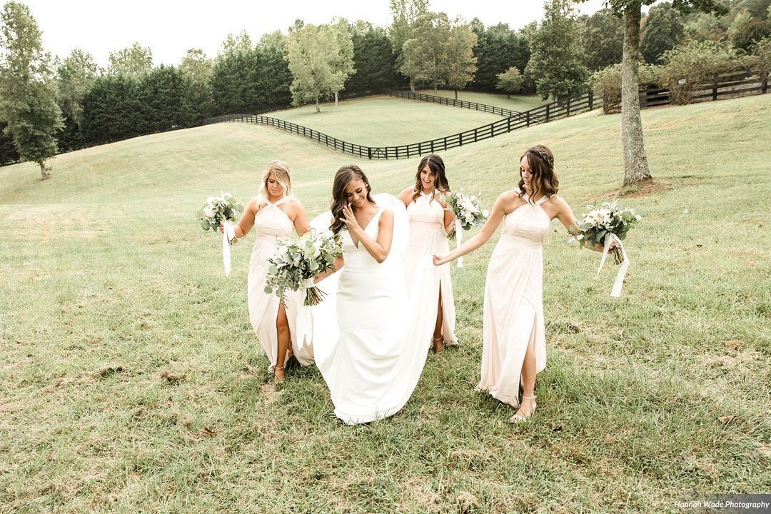 A bride and her bridesmaids are walking in a field holding hands.
