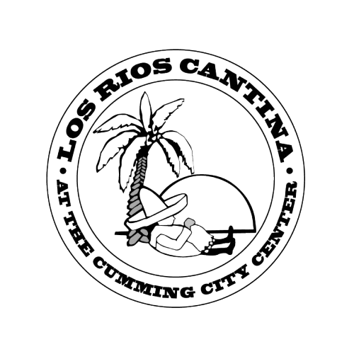 Logo for Los Rios Canyons at the Cumming City Center, with palm tree, sun, and stone arch.