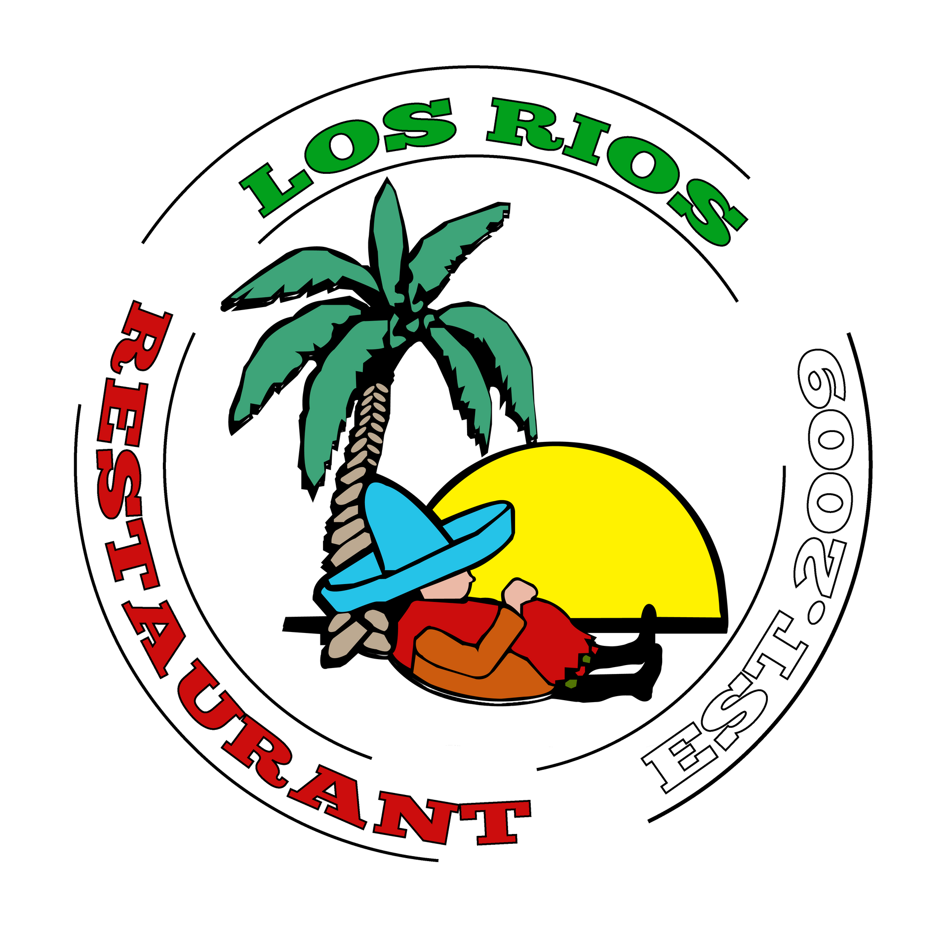 Los Rios Restaurant logo with palm tree, sun, beach chair, and “Est. 2008” text