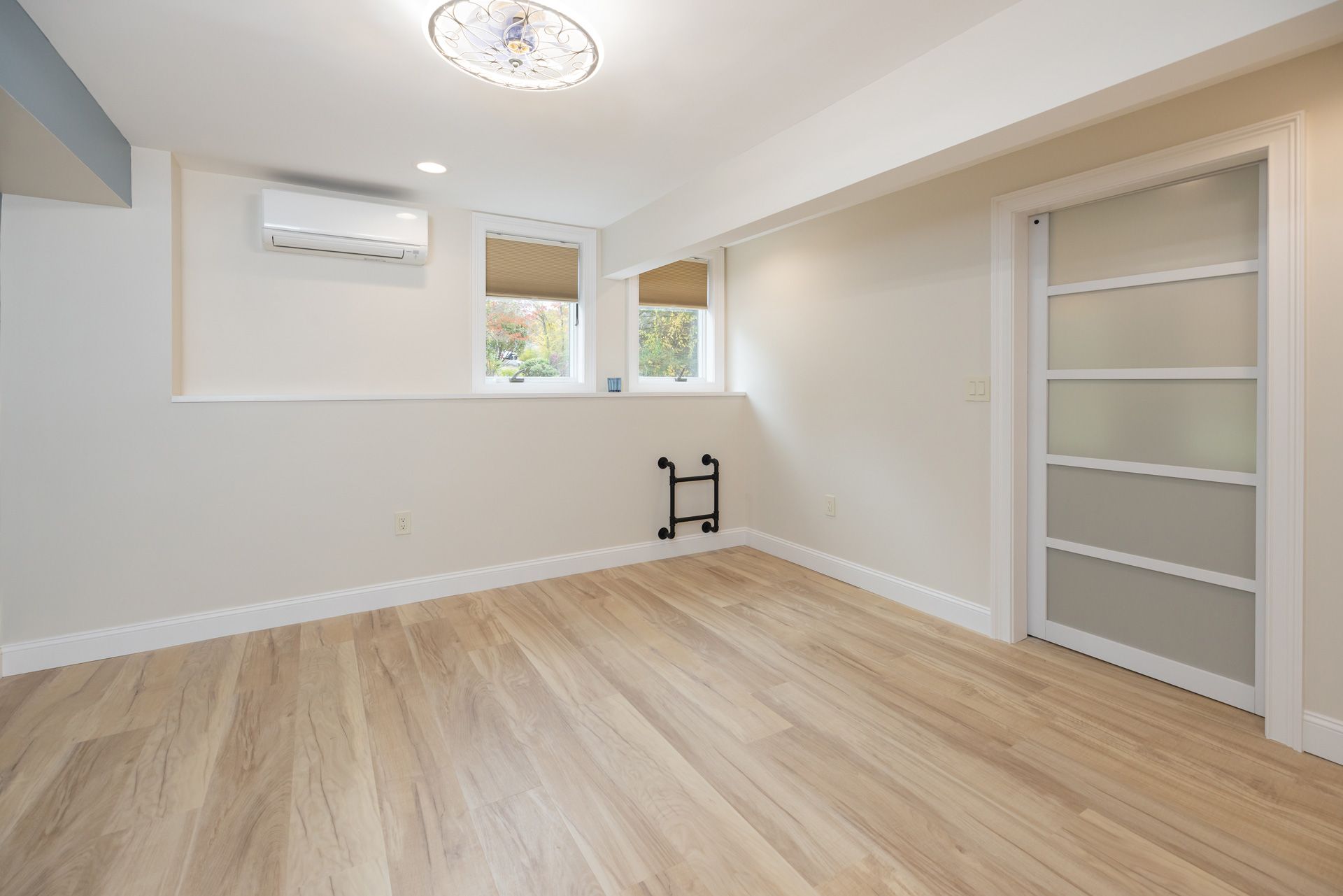 Empty room with light wood floors, two windows, and a frosted glass sliding door.