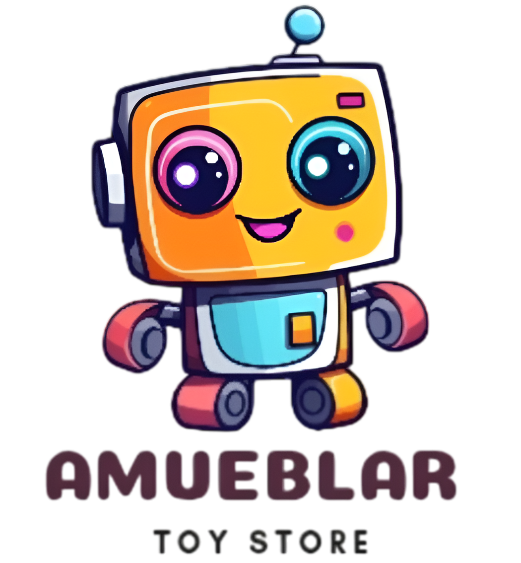 Adorable mascota robótica para la juguetería Amueblar, sonriente con grandes ojos.