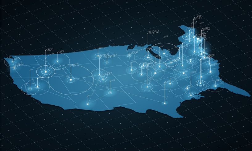 map of the United States with radio towers