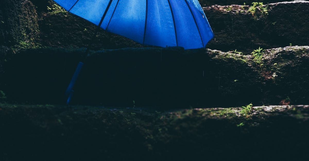 A blue umbrella is sitting on top of a set of stairs.