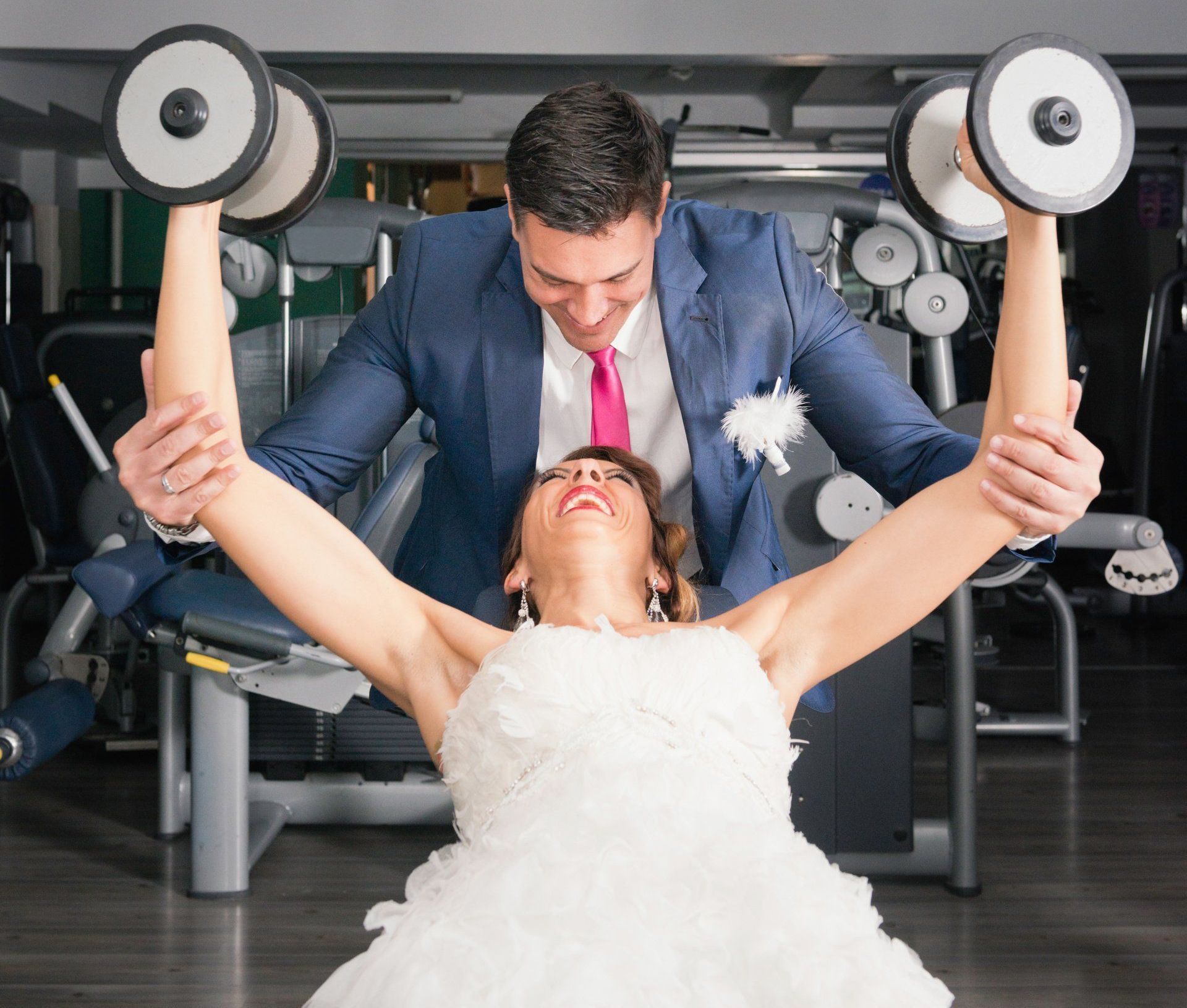 bride and groom working out