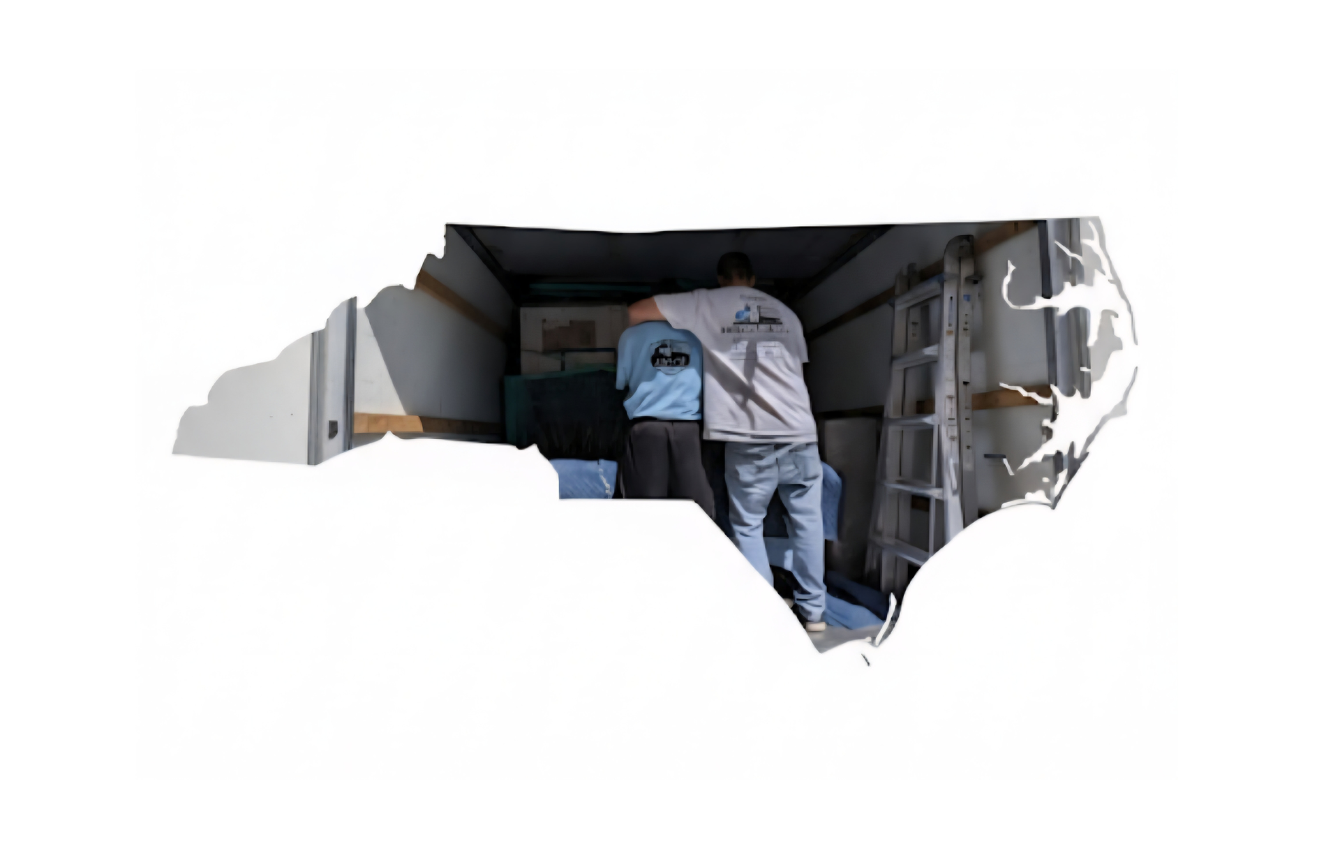 Jones Helps U Move team members hugging in uniform inside a North Carolina map outline.