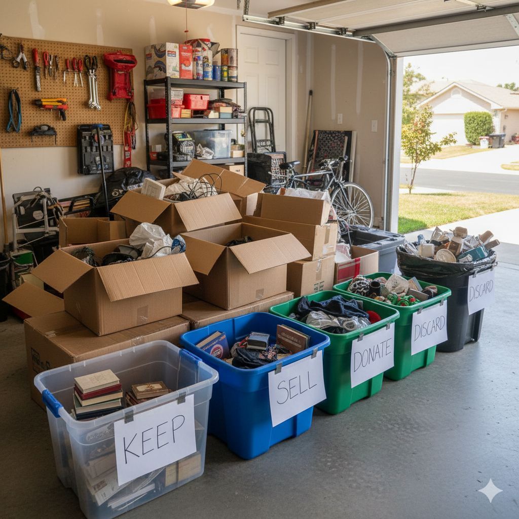 Holly Springs, NC garage decluttering with Keep, Sell, Donate, Discard bins. Essential Checklist for junk removal and moving preparation by Jones Helps U Move.