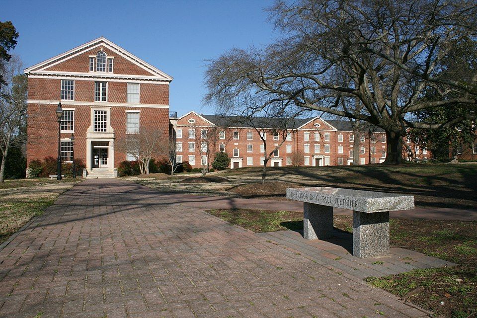 Historic brick building on the Southeastern Baptist Theological Seminary campus in downtown Wake Forest