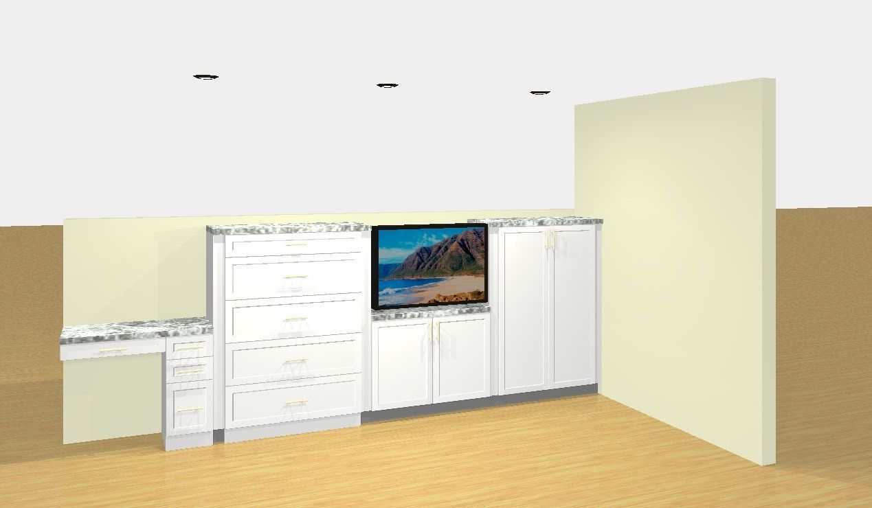 A computer generated image of a kitchen with white cabinets and a flat screen tv