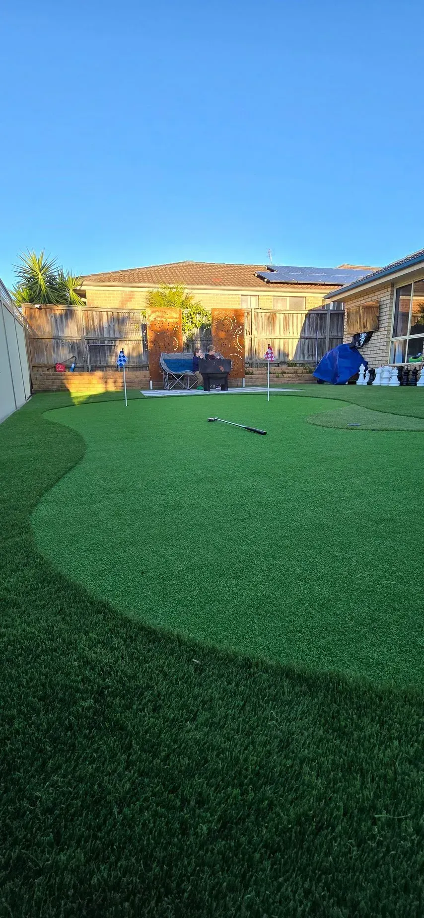 A backyard with green turf and a clear blue sky. A fence and house are in the background.