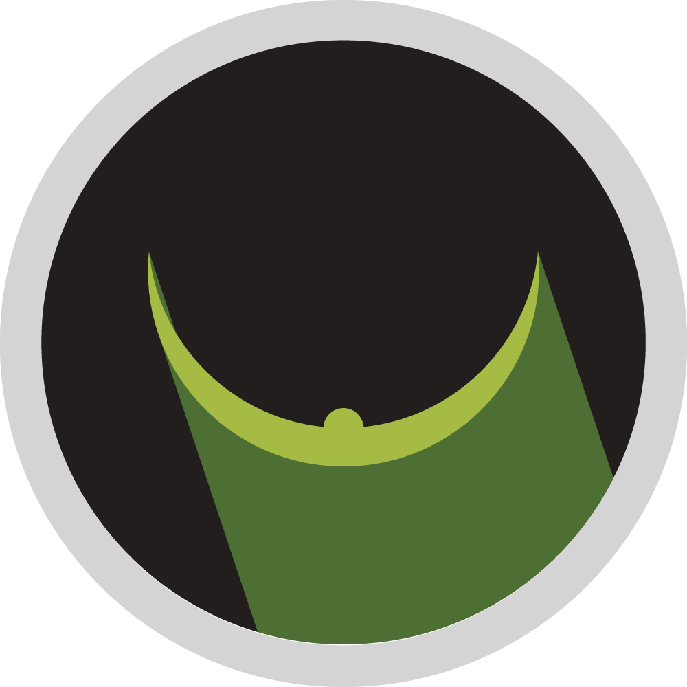 Green curved shape on black background, within a white and gray circle.