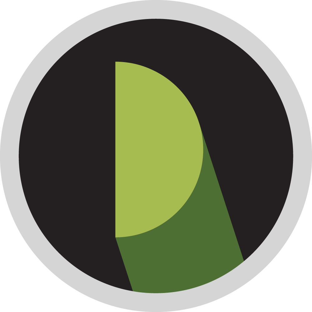 Green, semi-circular shape on a black circle, within a gray circle.