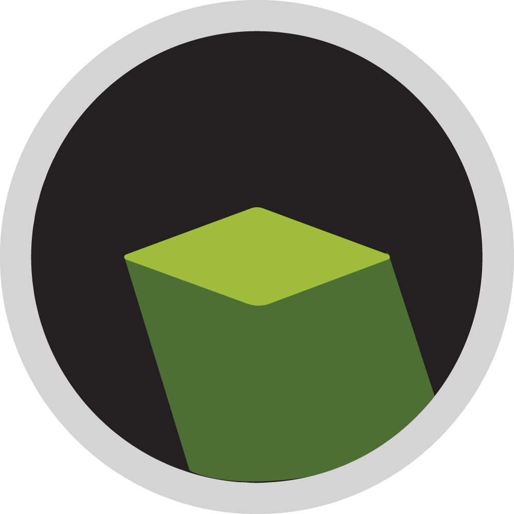 Green, geometric shape with shadow on a black background, within a white and gray circle.