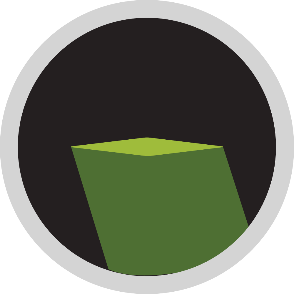 Green, angular shape against a black background within a white and gray circular frame.