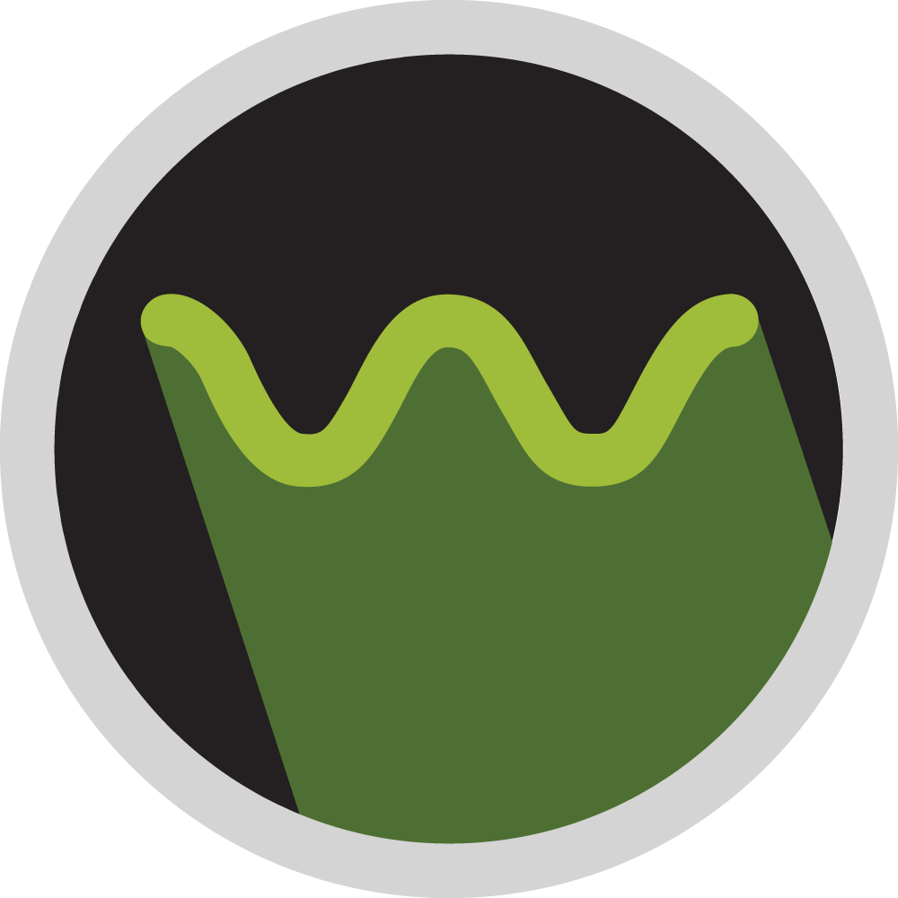 Green wave-like shape over dark green surface, inside a black circle with white border.