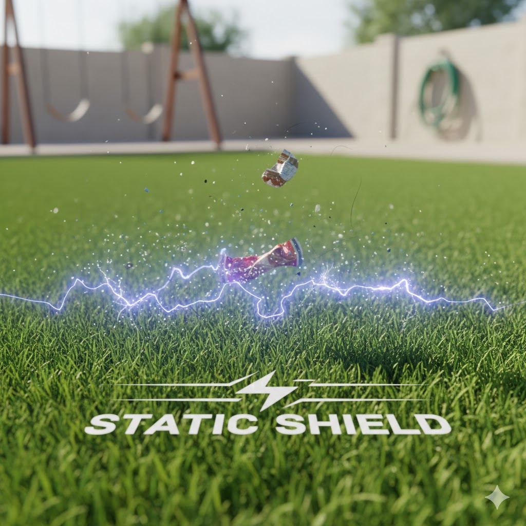 A bottle and toy are suspended in air over grass with lightning; a playground and wall are in the background.