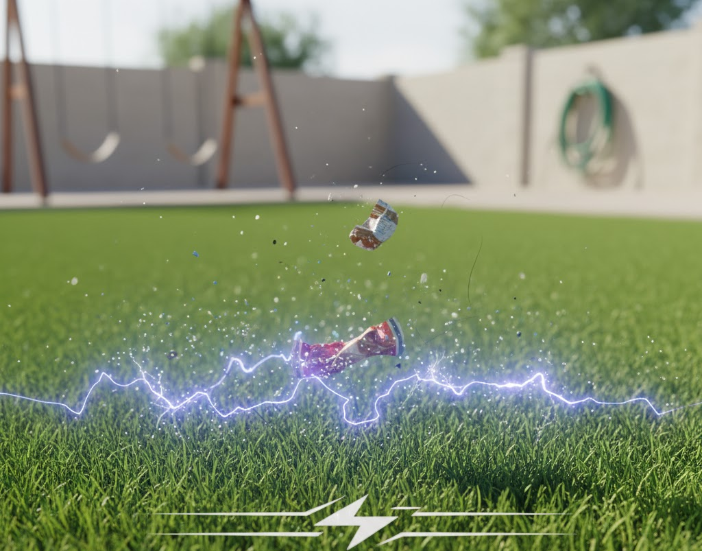 Two toy cars with electricity effect on grass in a backyard near a swing set and a fence.