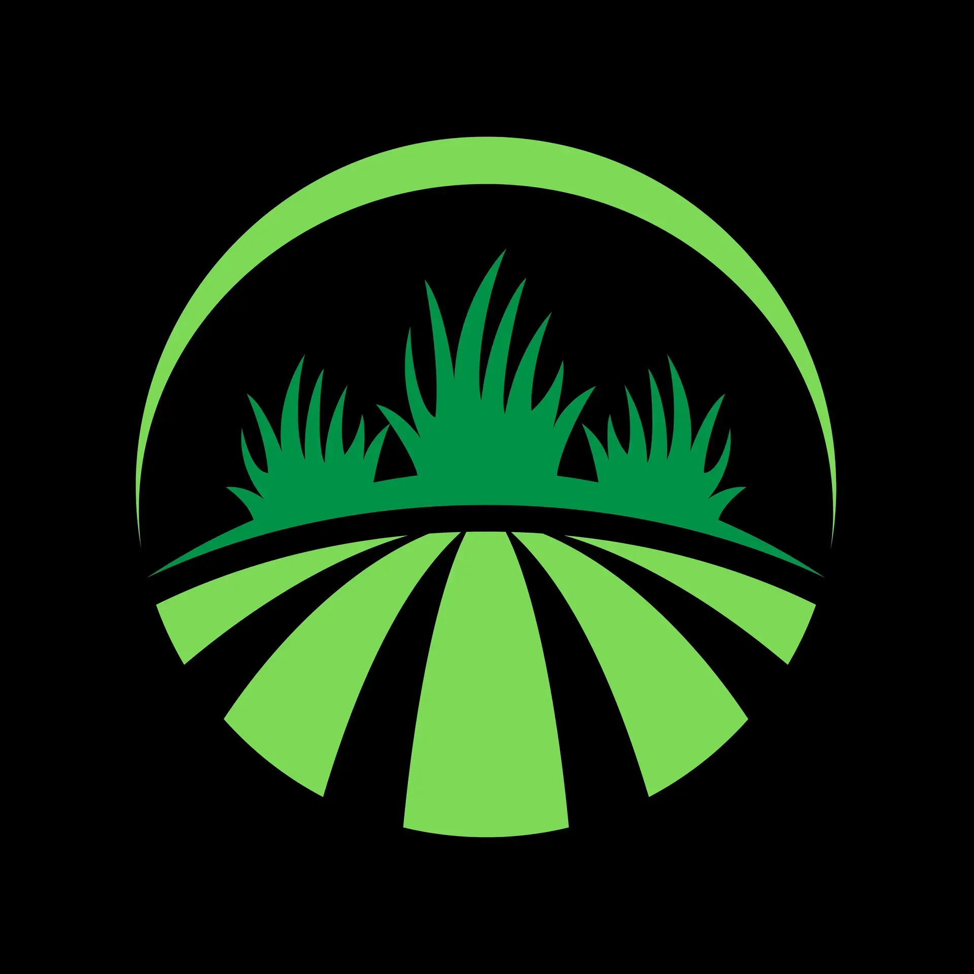 Green logo of stylized grass and fields within a circle on a black background.