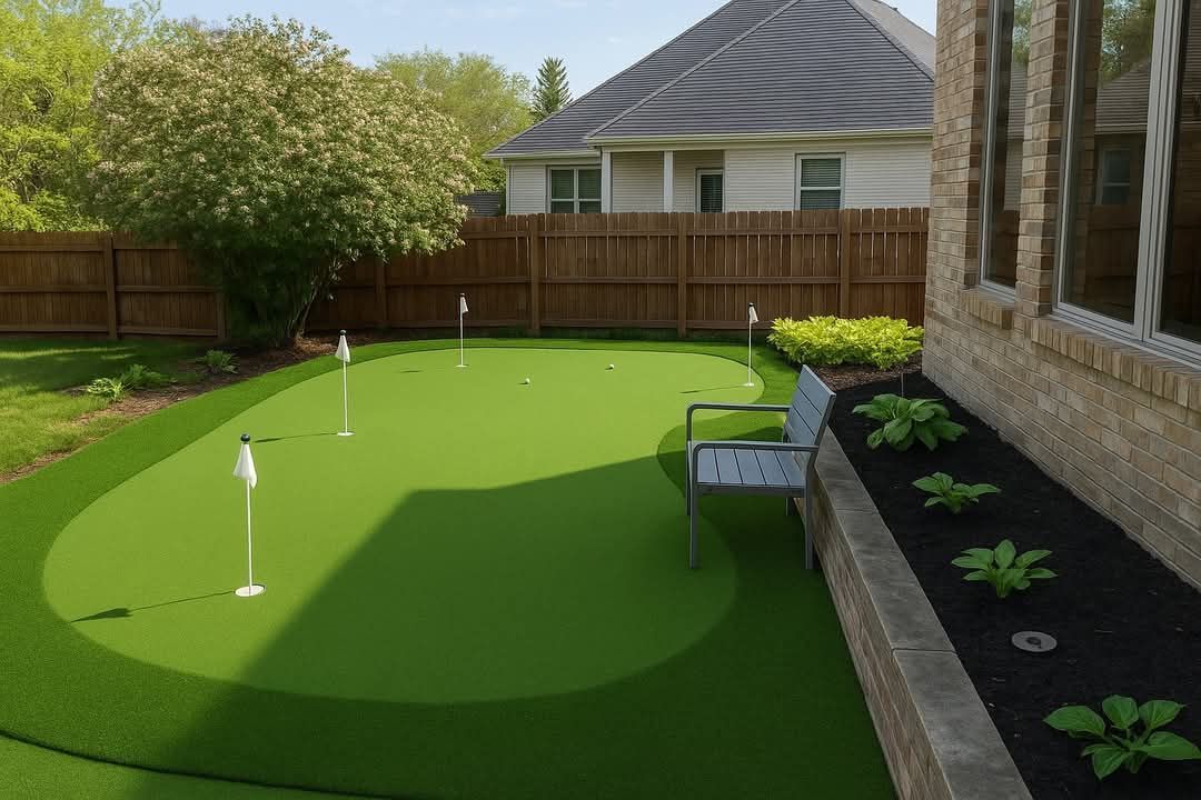 Backyard putting green with multiple holes and flags; near a house and fence.