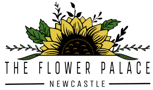 A logo for the flower palace newcastle with a sunflower and leaves.