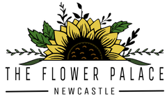 A logo for the flower palace newcastle with a sunflower and leaves.