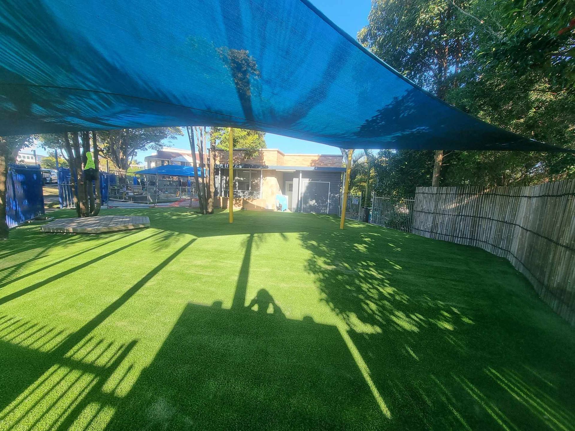 A grassy outdoor area shaded by a blue canopy, with trees and a building in the background.