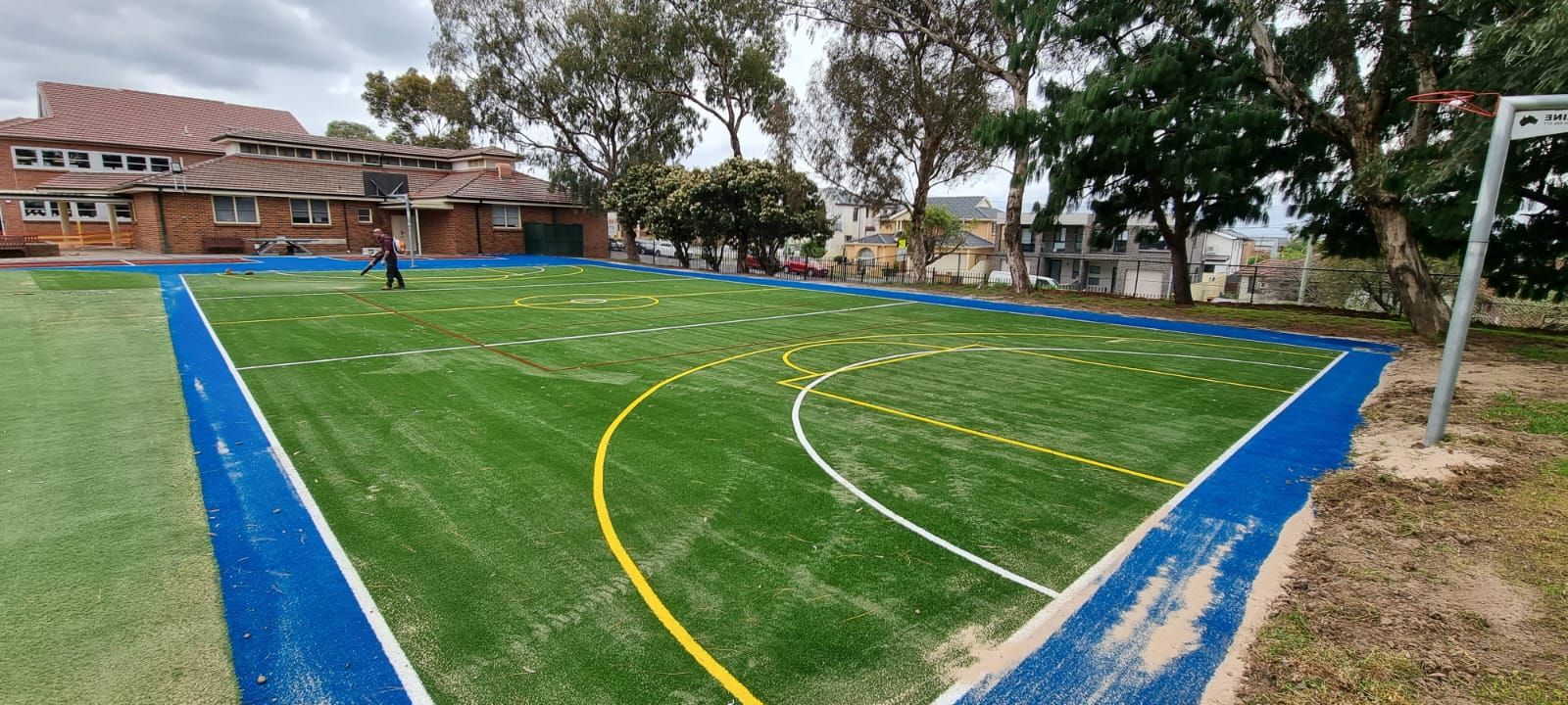 A green turf sports court with blue borders and markings, near a building with trees and overcast sky.