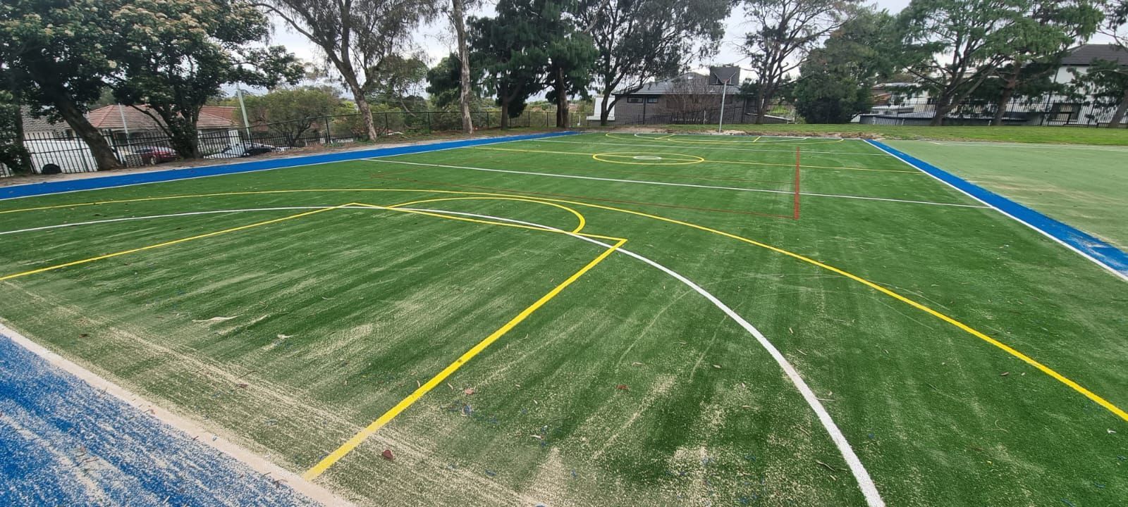 A green sports field with blue and white markings; trees in the background.