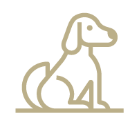 A line drawing of a dog sitting on the ground.