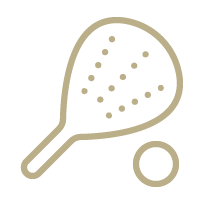 A paddle tennis racket and ball icon on a white background.